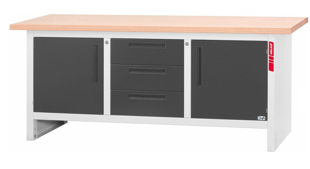 Universal workbench, length 2000 mm, with 3 drawers and 2 doors